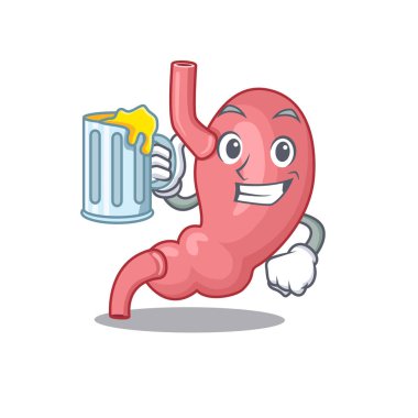 Bir karikatür konsepti olan insan midesi bir bardak birayı kaldırır.