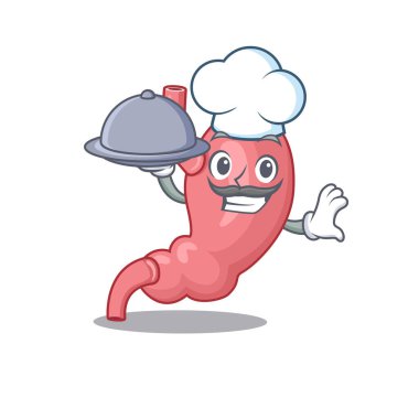 İnsan stoklama şefi çizgi film karakteri tepside yemek servisi yapıyor.