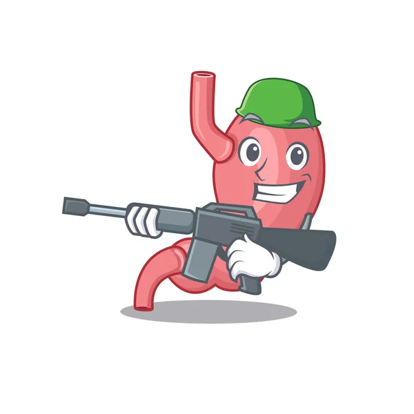 Uma imagem dos desenhos animados do stomatch humano no estilo do exército com metralhadora — Vetor de Stock