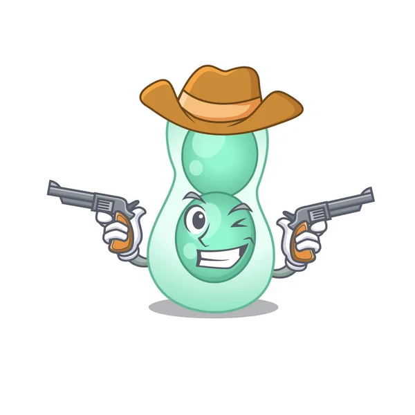 Bonito cowboy bonito de serratia marcescens personagem de desenho animado com armas — Vetor de Stock