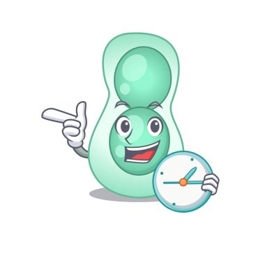 Serratia Marcescens maskot tasarımı konsepti saatle gülümsüyor.