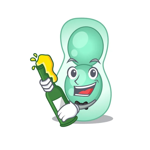 Mascota diseño de carácter de serratia marcescens decir vítores con botella de cerveza — Vector de stock