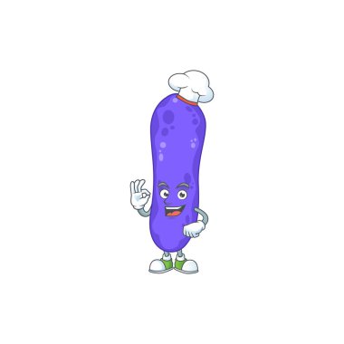 Escherichia coli çizgi film tasarımı. Beyaz şef şapkası takıyor. Vektör illüstrasyonu