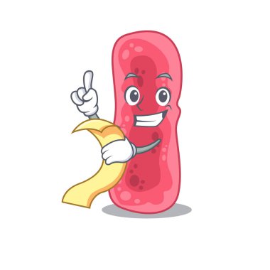 Shigella Sonnei maskot tasarımı ve elinde menü var.