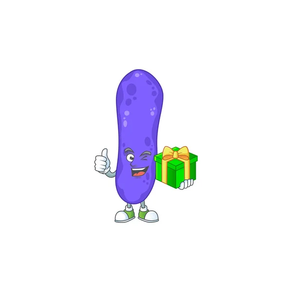 笑容可亲的大肠杆菌卡通人物拿着礼品盒 矢量说明 — 图库矢量图片