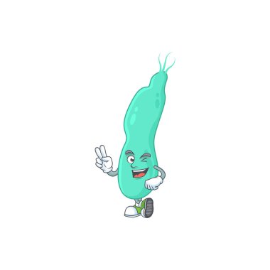 İki parmaklı neşeli helicobacter pillory maskot tasarımı. Vektör illüstrasyonu