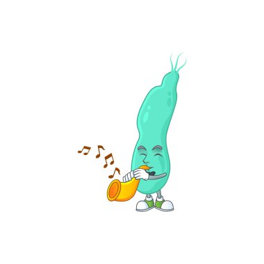 Trompet çalan Helicobacter Pylory çizgi film karakterinin parlak bir müzisyeni. Vektör illüstrasyonu