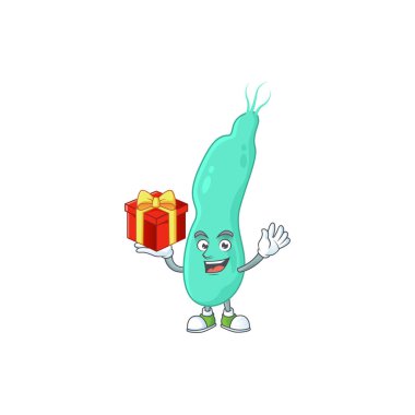 Büyüleyici helicobacter pillory maskot tasarımının kırmızı bir hediye kutusu var. Vektör illüstrasyonu