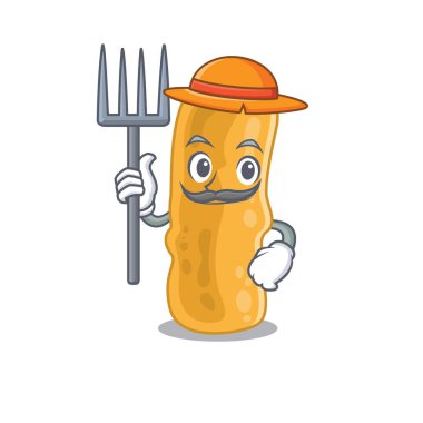 Shigella flexneri 'nin çizgi film karakteri tasarımı şapka ve dirgenli bir çiftçi.