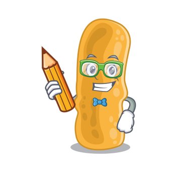 Zeki bir öğrenci Shigella flexneri çizgi film karakteri kalem ve gözlüklü.