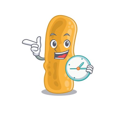 Shigella flexneri maskot tasarımı konsepti saatle gülümsüyor