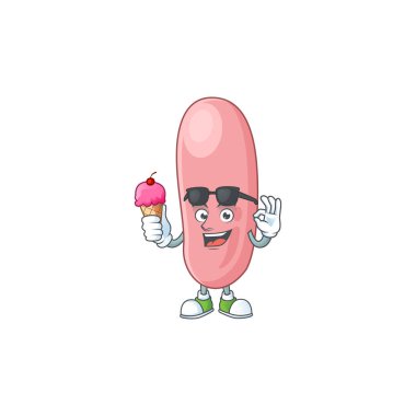 Tatlı lejyonella pneunophilla çizgi film karakteri dondurma yiyor. Vektör illüstrasyonu