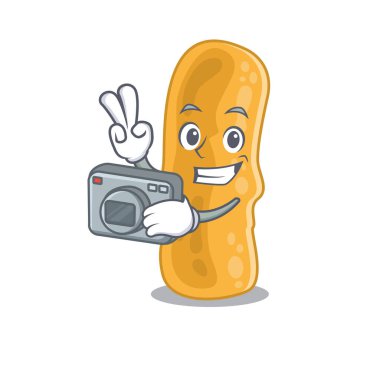 Shigella flexneri maskot tasarımı kamera ile çalışan profesyonel bir fotoğrafçı
