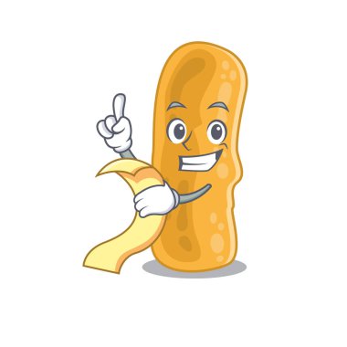 Elinde menü olan Shigella flexneri maskot tasarımı.