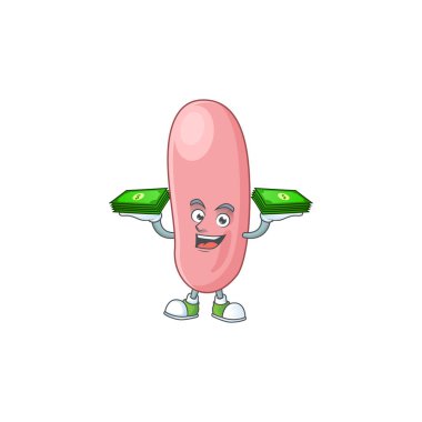 Neşeli bir lejyonella pneunophilla maskot tasarımı ve biraz parası var. Vektör illüstrasyonu