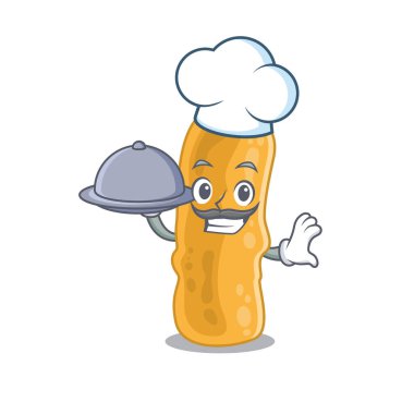 Shigella flexneri şef çizgi film karakteri tepside yemek servisi yapıyor.