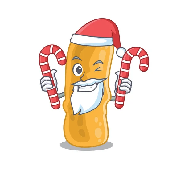 Freundliche Shigella flexneri in Santa Cartoon Charakter hält Weihnachtsbonbons — Stockvektor