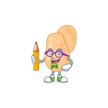 Sarcina öğrenci çizgi film karakteri kalemle çalışıyor. Vektör illüstrasyonu