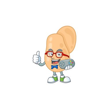 Sarcina yetenekli oyun maskotu dizayn etme oyunu denetleyiciyle. Vektör illüstrasyonu