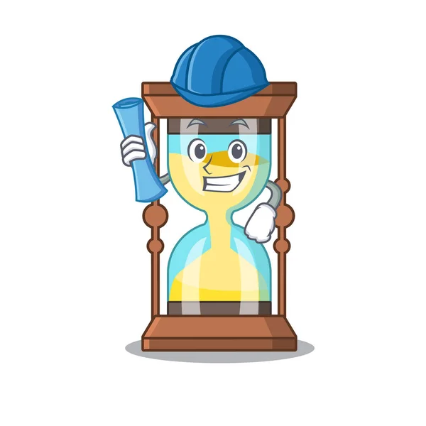 Cartoon personaggio del cronometro intelligente Architetto con stampe blu e casco blu — Vettoriale Stock