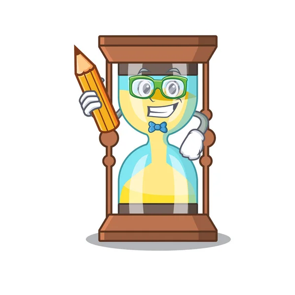 Brainy Student Chronometer Cartoon-Figur mit Bleistift und Brille — Stockvektor