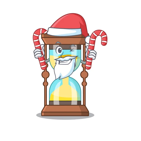 Přátelský chronometr v Santa Cartoon znak drží vánoční bonbóny — Stockový vektor