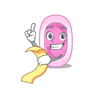 Bordetela pertusis maskot tasarımı. Elinde menü var.