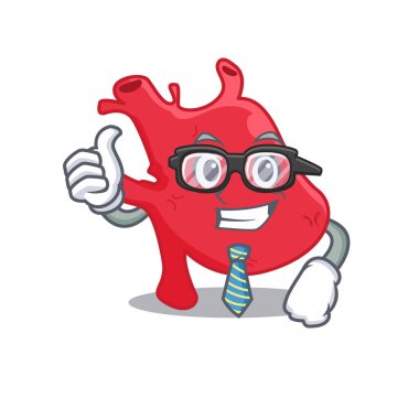 Zarif bir kalp. İş adamı maskotu tasarımı. Gözlük ve kravat takıyor.