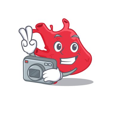 Kalp maskotu tasarımı profesyonel bir fotoğrafçı olarak kamerayla çalışıyor.