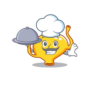 Mesane şefi çizgi film karakteri tepside yemek servisi yapıyor.