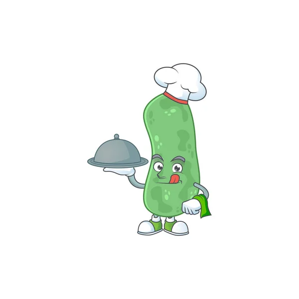 Un diseño de dibujos animados enterobacteriaceae chef con sombrero y bandeja — Vector de stock