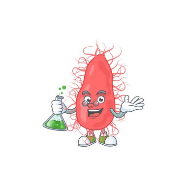 Escherichia dehası Profesör Çizgi film karakteri elinde cam tüp tutuyor.