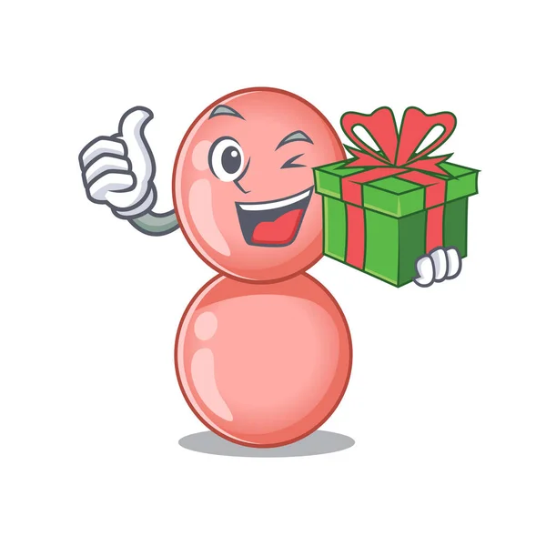 Sourire neisseria gonorrhoeae personnage de dessin animé ayant une boîte-cadeau verte — Image vectorielle