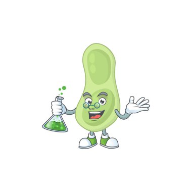 Staphylococcus pneumoniae dahi Profesör çizgi film karakteri cam tüp tutuyor.