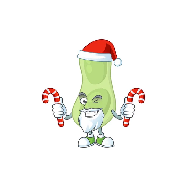 Staphylococcus pneumoniae bescheidene Santa Cartoon Charakter mit Bonbons — Stockvektor