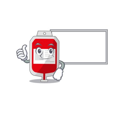 Parmakları havada kanlı plastik karikatür tasarımı beyaz bir tahta getirin.