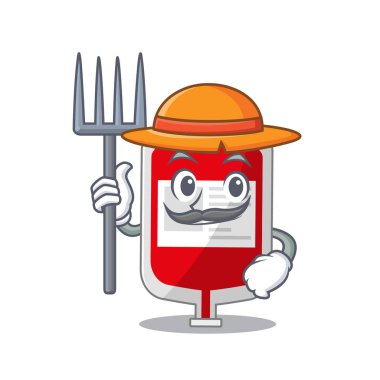 Kanlı plastik maskot tasarımı. Şapka takan bir çiftçi olarak çalışıyor.