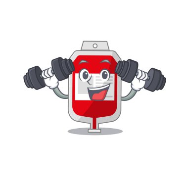Kan torbası maskot tasarımı egzersiz sırasında halterleri kaldırmaktan mutluluk duyar.