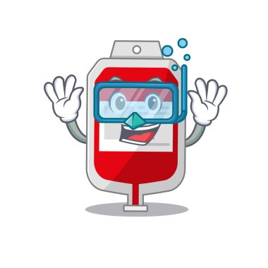 Kanlı plastik maskot tasarımı dalış gözlükleriyle yüzer.