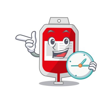 Maskot stili kanlı plastik torba, elinde saatle ayakta duruyor.