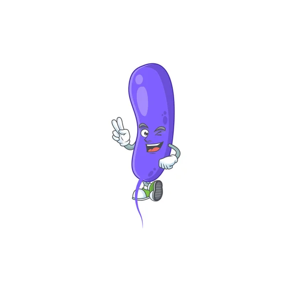 Sonriente cholerae estilo mascota de dibujos animados con dos dedos — Vector de stock