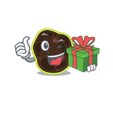 Büyük bir hediye kutusu olan neşeli bir karikatür karakteri.