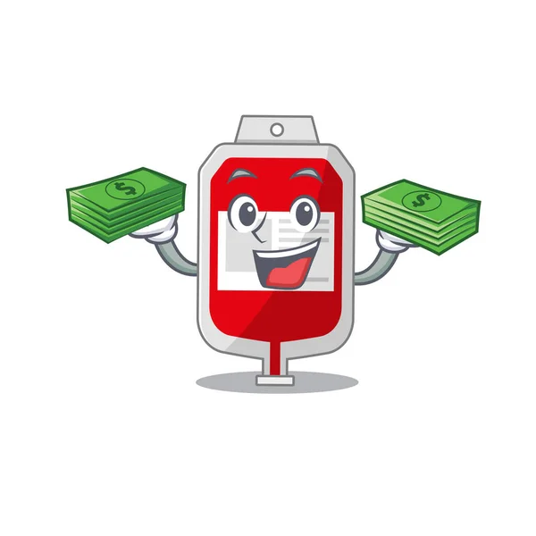 Bohatá krev plastový sáček kreslený postava s velkým množstvím peněz — Stockový vektor
