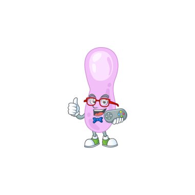 Cartoon mascot design of clostridium botulinum play a game with controller clipart