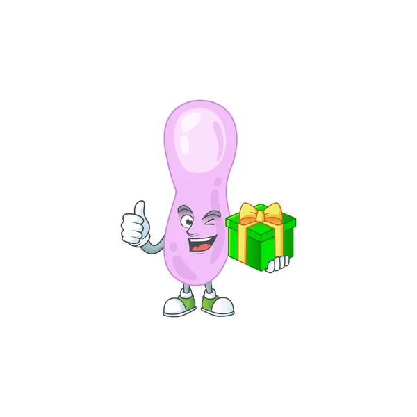 Happy smiley clostridium botulinum diseño de la mascota de dibujos animados con una caja de regalo — Vector de stock