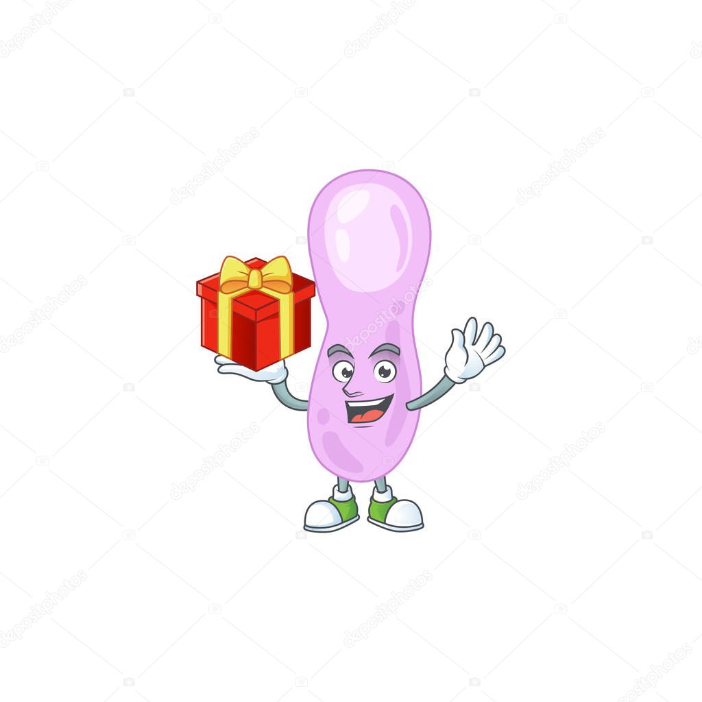 Clostridium botulinum cartoon mascot concept design with a red box of gift
