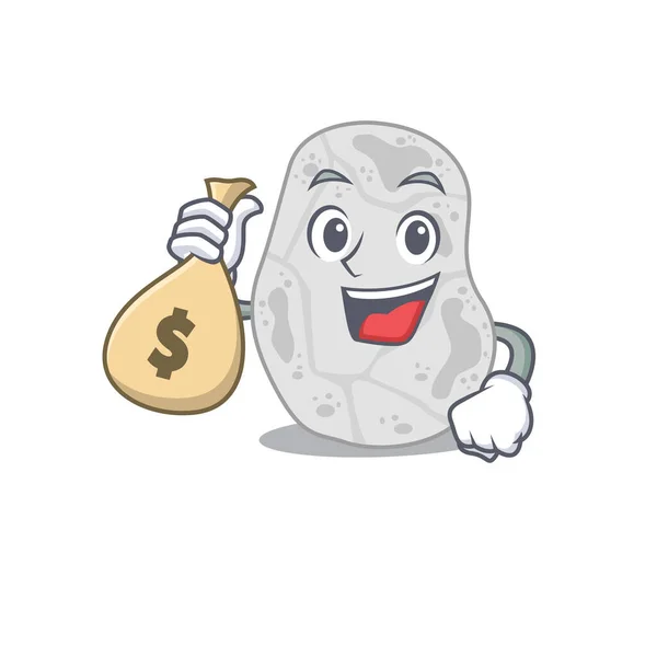 Louco rico branco planctomycetes mascote design ter sacos de dinheiro — Vetor de Stock