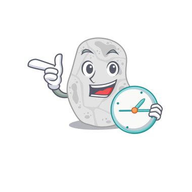 Maskot tasarım tarzı beyaz planktomicetes elinde bir saatle ayakta duruyor