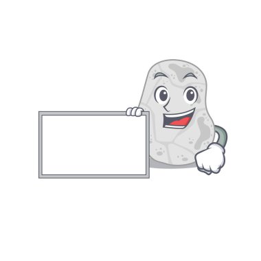 Çizgi film karakteri tasarımı beyaz planktomicetlerin elinde bir tahta var.