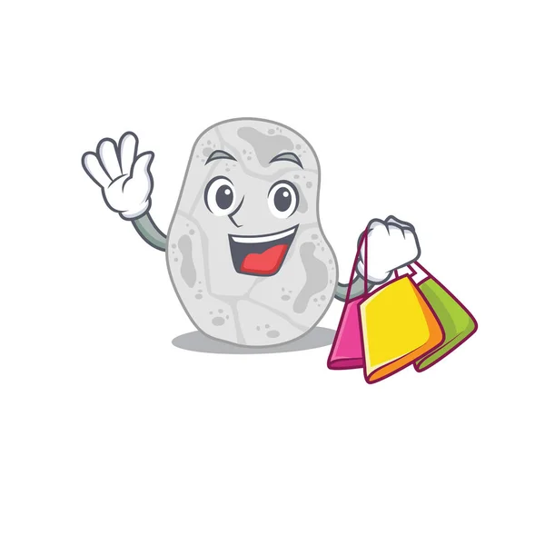 Rico blanco planctomycetes personaje de dibujos animados con bolsas de compras — Vector de stock
